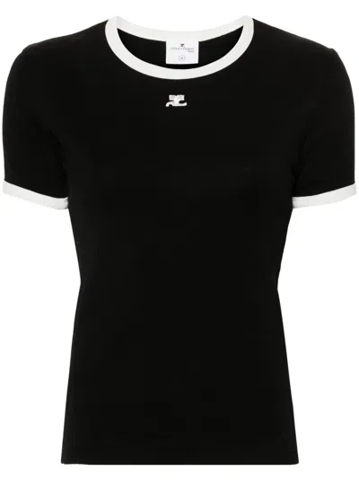 Courrèges T-shirt Slim Nera Con Rifiniture Bianche Courreges In Black