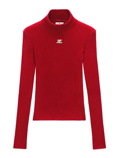 Courrèges Long-sleeved Ribbed Knit Jumper Clothing In Red