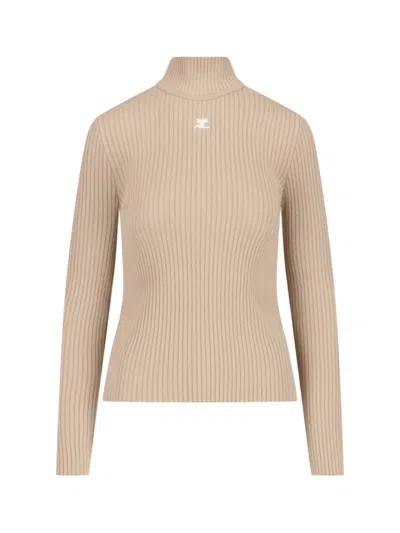 Courrèges Beige Ribbed Viscose Blend Turtleneck In Multi