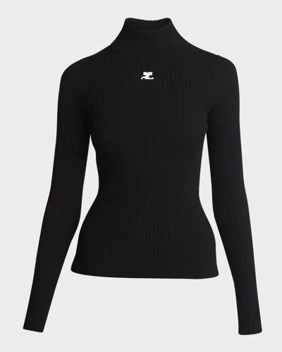Courrèges Turtleneck Long-sleeve Rib Sweater In Black