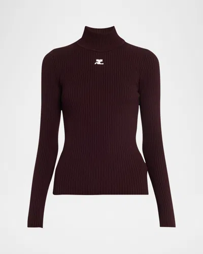 Courrèges Turtleneck Long-sleeve Rib Sweater In Burgundy