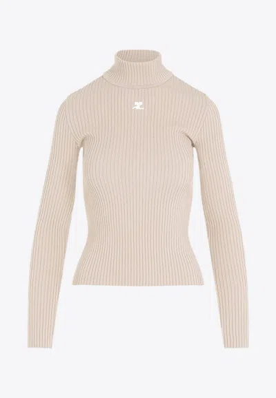 Courrèges Turtleneck Ribbed Logo Sweater In Neutral