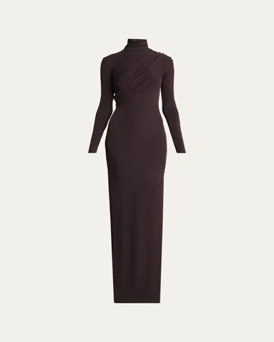 Courrèges Turtleneck Twisted Jersey Long-sleeve Gown In Brown