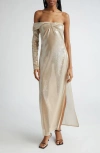 COURRÈGES TWIST ASYMMETRIC ONE-SHOULDER GLITTER MAXI DRESS