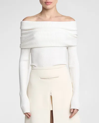 Courrèges Twisted Off-the-shoulder Long-sleeve Rib Knit Sweater In Heritage White