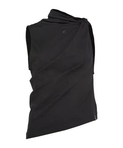 Courrèges Twisted Design Sleeveless Top In Soft Cotton In Black