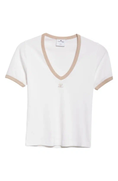 Courrèges V-neck Cotton Jersey Ringer T-shirt In White Heritage/ Sand