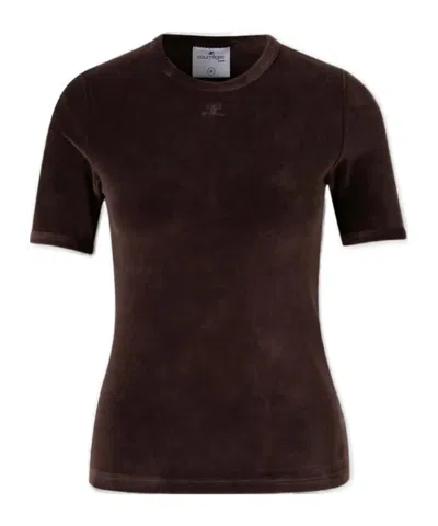 Courrèges Crew Neck Short-sleeved T-shirt In Brown