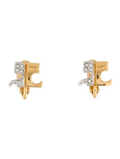 Pre-owned Courrèges Vintage Crystal Logo Clip-on Earrings In Clear