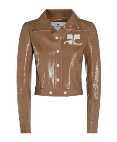 Courrèges Vinyl Collared Button-up Jacket In Brown