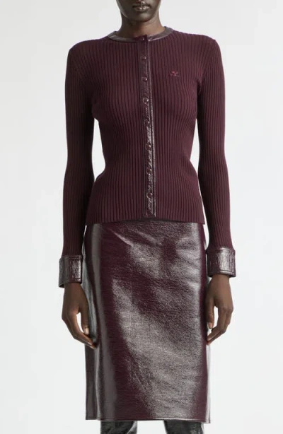 Courrèges Vinyl Trim Ribbed Cardigan In Burgundy