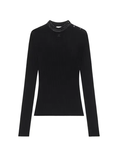 Courrèges Vinyl-collar Ribbed T-shirt In Black