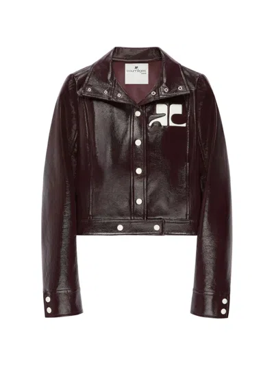 Courrèges Vinyl-effect Logo-plaque Cropped Jacket In Burgundy