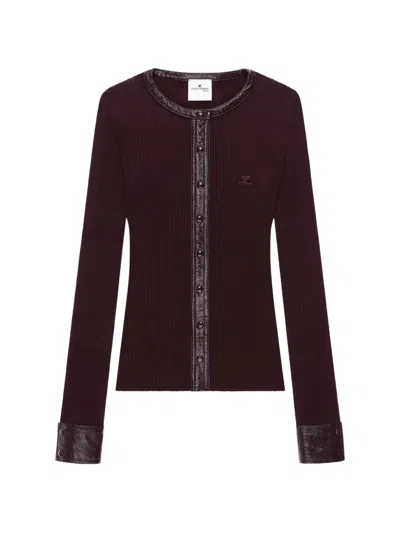 Courrèges Vinyl-trim Ribbed-knit Cardigan In Burgundy
