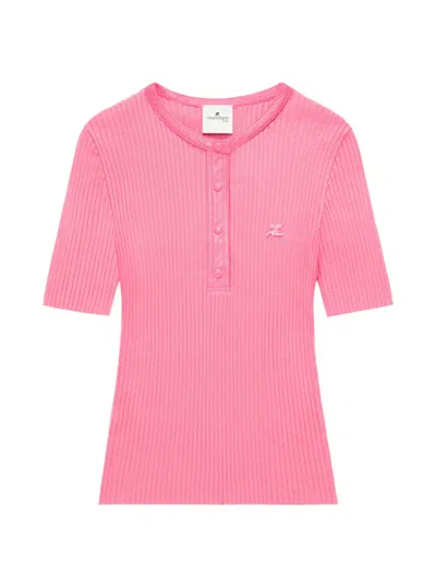 Courrèges Vinyl-trim Ribbed-knit Polo Shirt In Pink