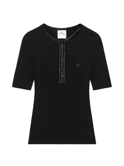 Courrèges Vinyl-trim Ribbed-knit T-shirt In Black
