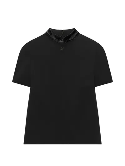 Courrèges Vinyl-trimmed High-neck T-shirt In Black