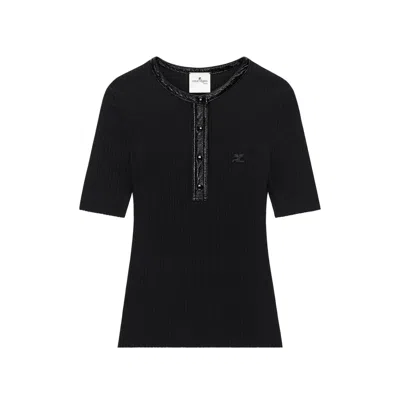 Courrèges Vinyl-trimmed Ribbed Knit T-shirt In Black