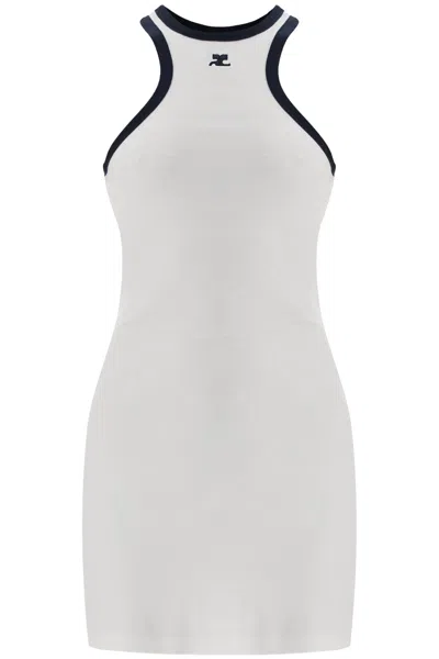 COURRÈGES WHITE COTTON MINI DRESS WITH NAVY BLUE DETAILS AND HALTER NECK