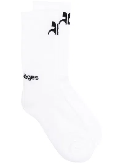 Courrèges White Logo-intarsia Socks In Black,optic White