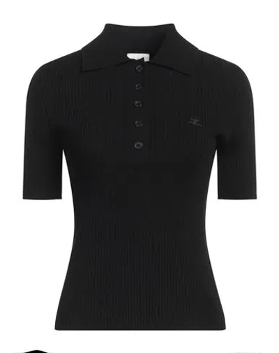 Courrèges Ribbed Short-sleeved Polo Shirt With Buttoned Placket In Black