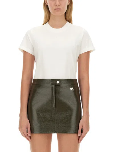 Courrèges Black Cotton Crew Neck T-shirt With Front Logo Embroidery In White And Black