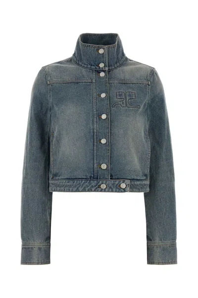 Courrèges High Collar Cropped Denim Jacket Long Sleeves In Gray