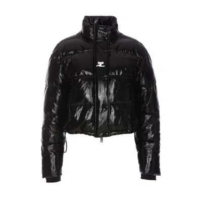 Courrèges Courreges Women Logo Cropped Vinyl Puffer Jacket In Black