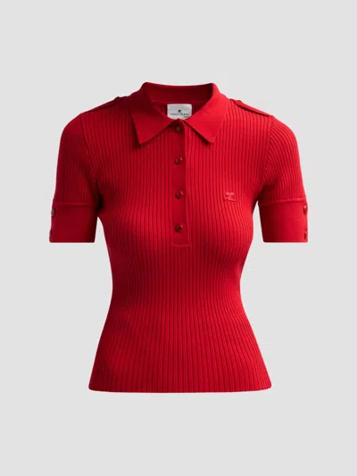 Courrèges Logo-embroidered Ribbed-knit Polo T-shirt In Red