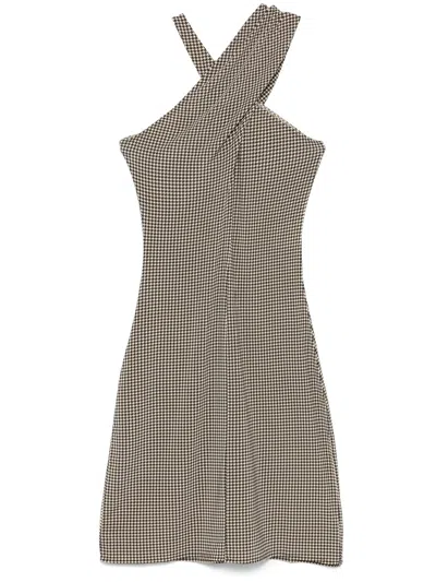 Courrèges Womens Sleeveless Houndstooth Mini Dress In Natural / Mud Brown