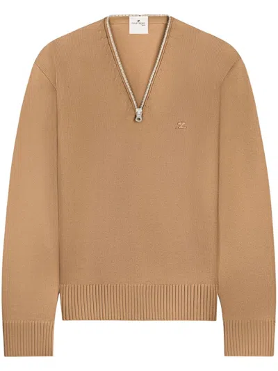 Courrèges Zip-detailing Wool Sweater In Neutrals