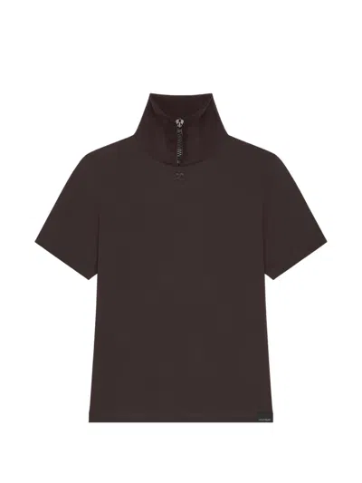 Courrèges Zip-neck Ribbed-collar T-shirt In Brown