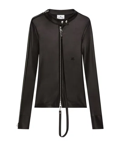 Courrèges Front-zip Long-sleeved Top With Embroidered Logo In Black