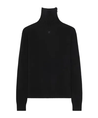 Courrèges Lambswool Zipped Collar Sweater In Black