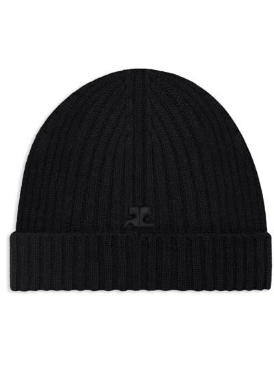 Courrèges Logo-patch Ribbed Beanie In Black