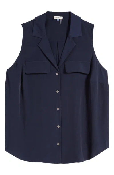 Court & Rowe Collared Button Front Sleeveless Shirt In Blue Night