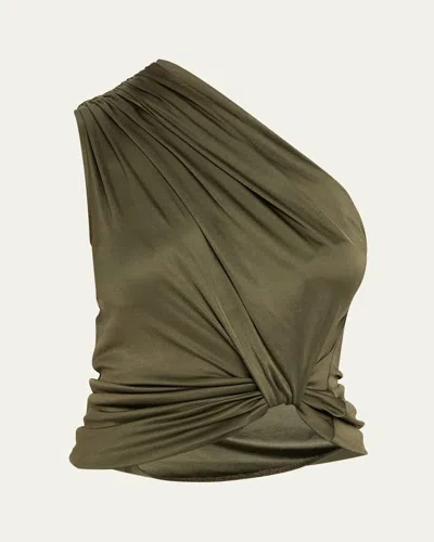 Courtney Zheng Draped One-shoulder Jersey Top In Khaki