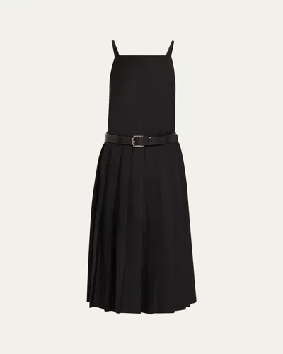 Courtney Zheng Pleated Drop-waist Dress With Belt In Black