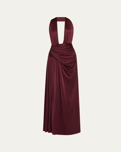 Courtney Zheng Selene Plunge-neck Backless Jersey Gown In Burgundy