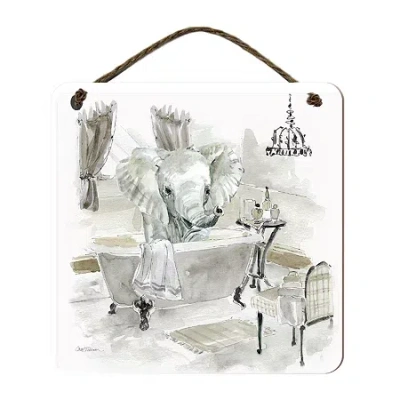 Courtside Market Elephant Bath 12x12 Artboard With Twine Wood Wall Art In White