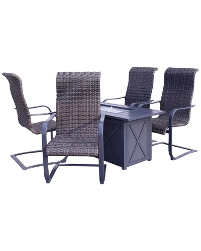 Courtyard Casual Santa Fe Dark Gray 5pc Rectangle Fire Pit Set With 1 Fire Pit  And 4 Wicker Spring Chairs