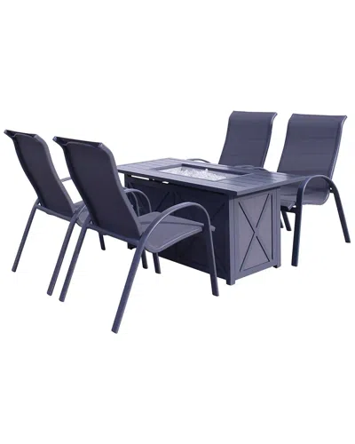 Courtyard Casual Santa Fe Dark Gray 5pc Rectangle Fire Pit Set With 1 Fire Pit And 4 Sling Chairs In Blue