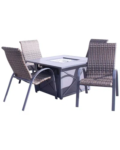Courtyard Casual Santa Fe Dark Gray 5pc Rectangle Fire Pit Set With 1 Fire Pit  And Four Wicker Chairs
