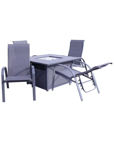 Courtyard Casual Santa Fe Dark Gray 5pc Square Fire Pit Set With 1 Fire Pit And 4 Sling Reclining Ch In Blue