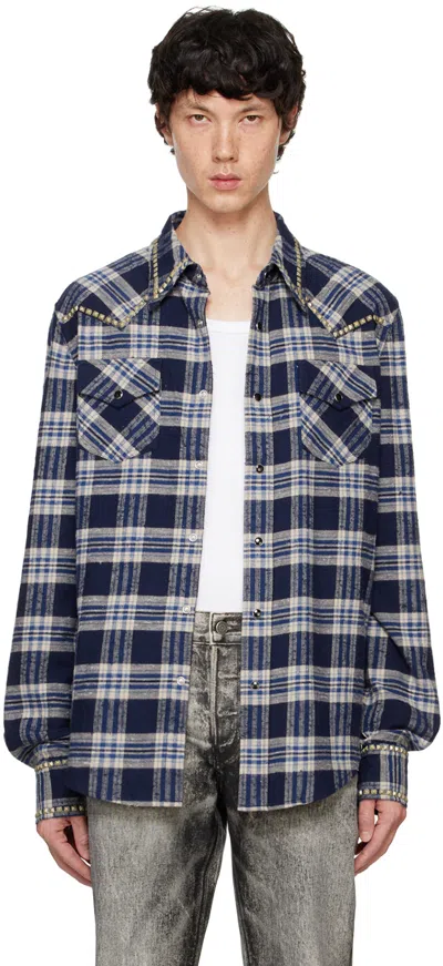 Cout De La Liberte Blue Steve Diamond Studded Plaid Shirt In Blue-multi-color