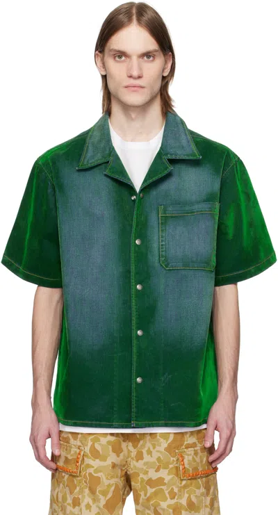 Cout De La Liberte Green Robbie Stretch Suede Denim Bowling Shirt In Di Niro Green