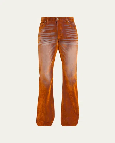 Cout De La Liberte Men's Iridescent Velvet Stretch Flared Jeans In Orange