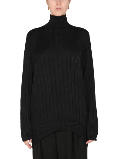 Coutr.com Balenciaga Oversized Mock Neck Pullover In Ribbed Silk Knit In Black
