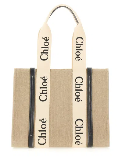 Coutr.com Chloé Medium Woody Linen Logo Tote Bag In Sand