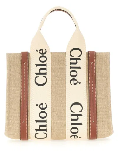 Coutr.com Chloé Woody Mini Leather-trimmed Linen Tote In Sand